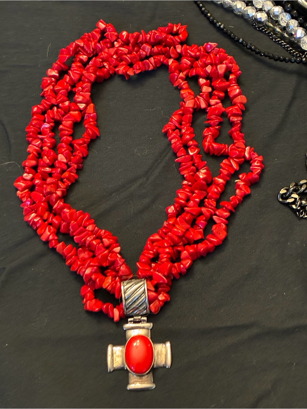 VINTAGE Fire Engine Red Stone Multi-Strand Necklace with 925 SS  Cross Pendant -